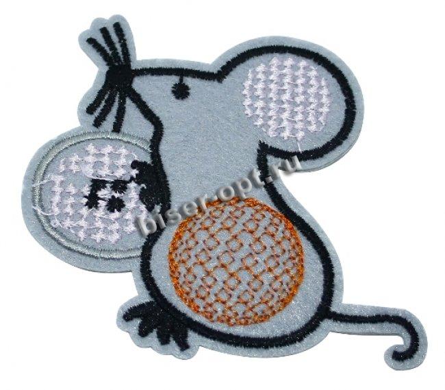 Термоаппликация вышитая № 15831 "Мышка с пуговкой" 8,3*7,2см (10шт) цвет:1-серый/розовый/оран