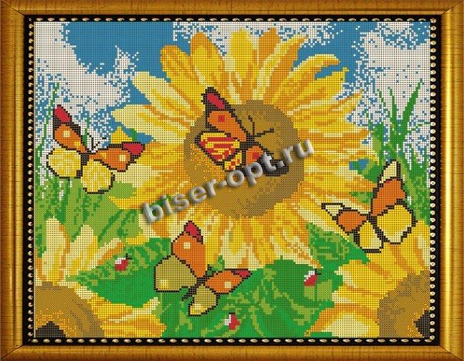 «Диамант» набор со стразами в подарочной картонной упаковке ДВЛ-014П «Бабочки на подсолнухах» 48*38см (1шт) цвет:ДВЛ-014П