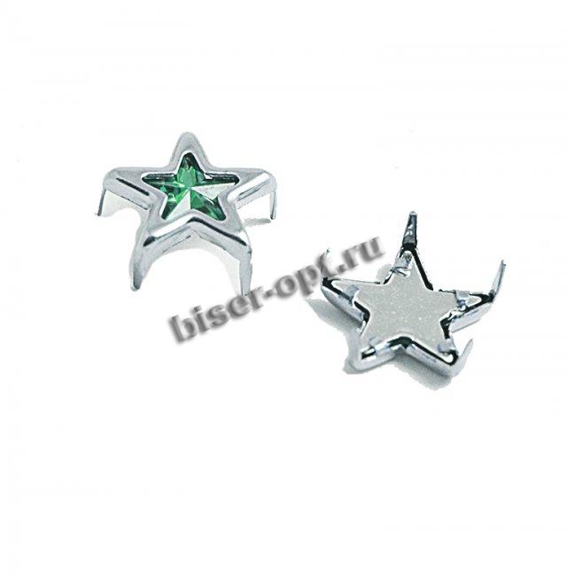 Стразы пластик на шипах "звезда" d15мм (5шт) цвет:Н878-никель/т.зелены
