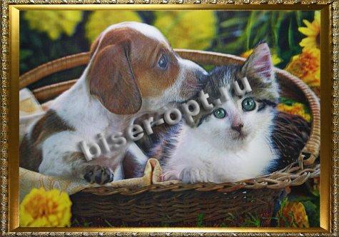 Картина 5D «Котенок и щенок в корзинке» (без рамки) 38*28см (1шт) цвет:14121Б