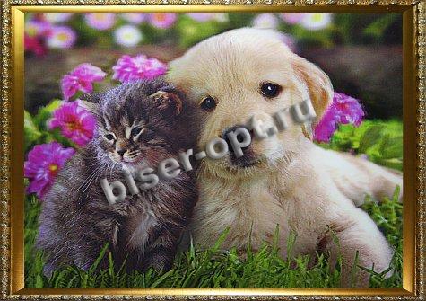 Картина 5D «Щенок и котенок» 38*28см (1шт) цвет:14196