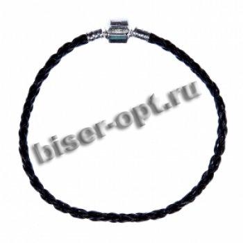 Браслет с застежкой плетеный кожзам "Pandora Style" 20см (1шт) цвет:черный