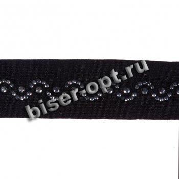 Тесьма пластик S090-B "волна"на замшевой ленте со стразами 2,8см (10ярд) цвет:черный