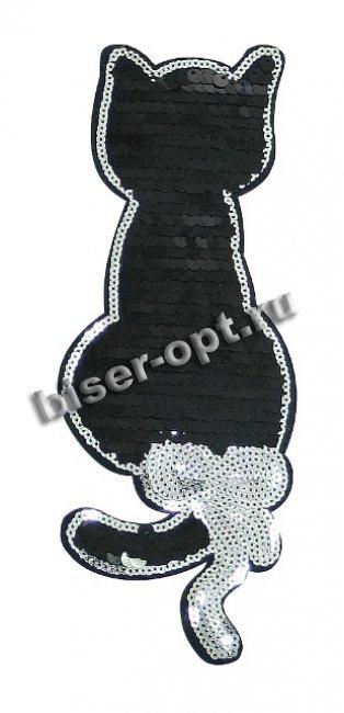 Термоаппликация вышитая с пайетками № 15343 "Кошка" 22*8,3см (1шт) цвет:1-черный